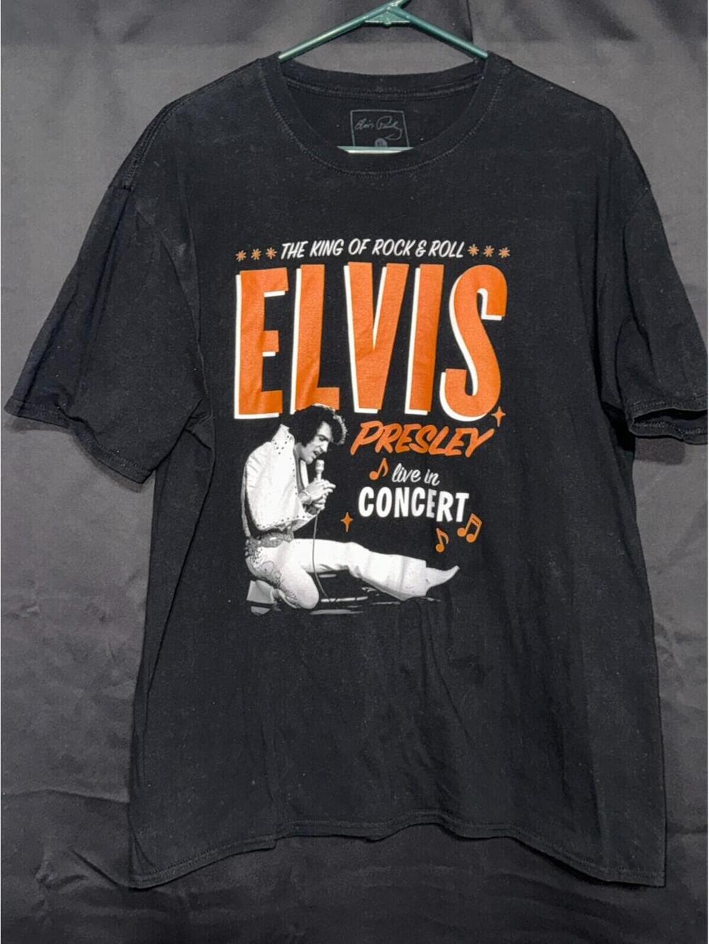 Elvis Presley Live in Concert Shirt, Black Graphic Print T-Shirt, Size: XL